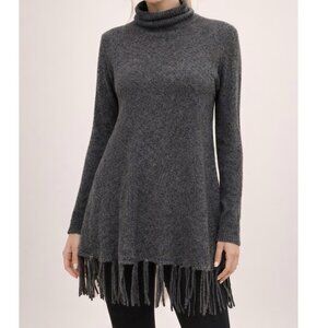 Neiman Marcus 100% Cashmere Fringe Hem Turtleneck Sweater | Gray | Women’s Small